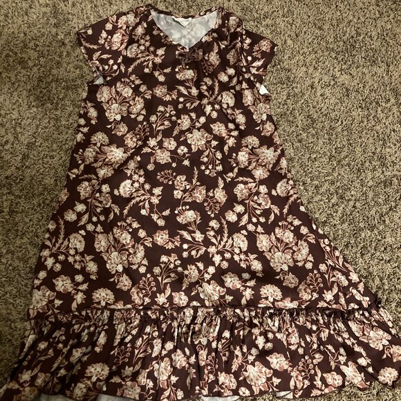 Mia Joy Maroon Floral Print Dress 12 Polyester Short Sleeve Ruffled Hem V Neck - Picture 1 of 3